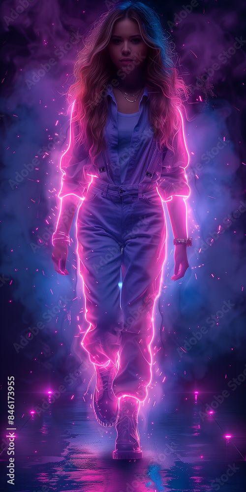 A woman in a purple jumpsuit is walking through a purple haze. The image has a futuristic and surreal feel to it, with the woman standing out against the glowing background A woman in a purple jumpsuit is walking through a purple haze. The image has a futuristic and surreal feel to it, with the woman standing out against the glowing background