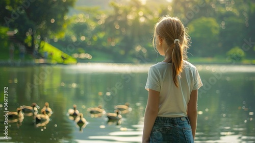 Fototapeta Naklejka Na Ścianę i Meble -  A girl is standing by a lake with ducks swimming in the water. The scene is peaceful and serene, with the girl looking out at the water and the ducks