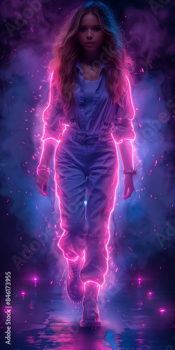 A woman in a purple jumpsuit is walking through a purple haze. The image has a futuristic and surreal feel to it, with the woman standing out against the glowing background © Bonya Sharp Claw