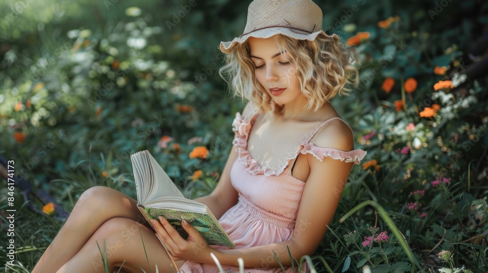 Fototapeta premium A young woman is sitting in a field reading a book. The scene is peaceful and serene, with the girl enjoying the outdoors and the beauty of nature