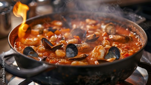 A steaming pot of homemade cioppino simmering over an open flame filled to the brim with an enticing mix of tender fish clams and mussels. photo