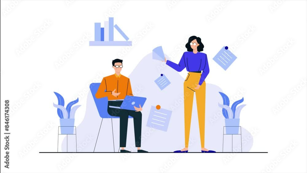 office interior with two people working business animated illustration video
