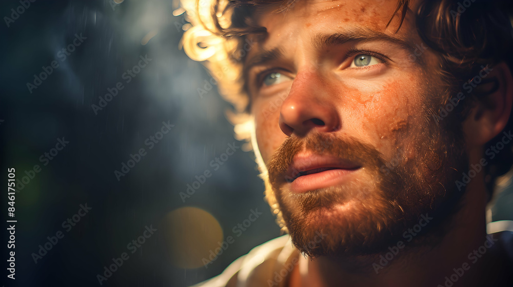 Dappled sunlight casting warm glows on a male face Dappled sunlight casting warm glows on a male face