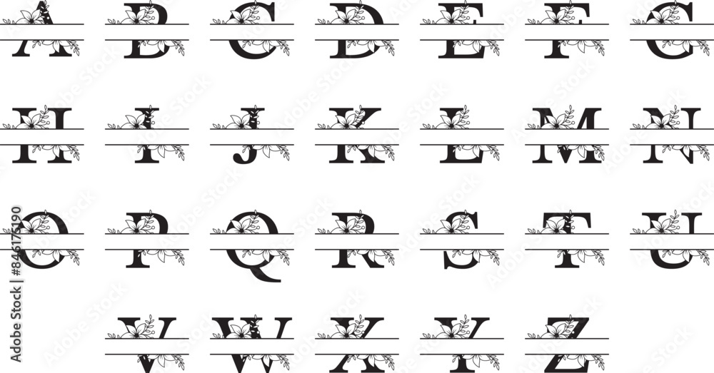 SVG Split Floral Monogram, A-Z Alphabet 26 Letters, Sign Monogram Name SVG Split Floral Monogram, A-Z Alphabet 26 Letters, Sign Monogram Name