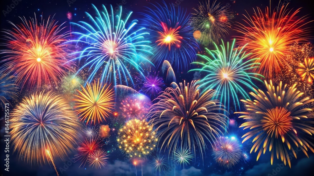 Fototapeta premium A Vibrant Panorama Of Multi-Colored Fireworks Exploding Against A Deep Blue Night Sky, Perfect For Celebratory Events Like New Year'S Eve.
