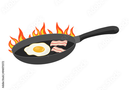 Frying egg and bacon on pan in flat design on white background. Cooking in the kitchen.