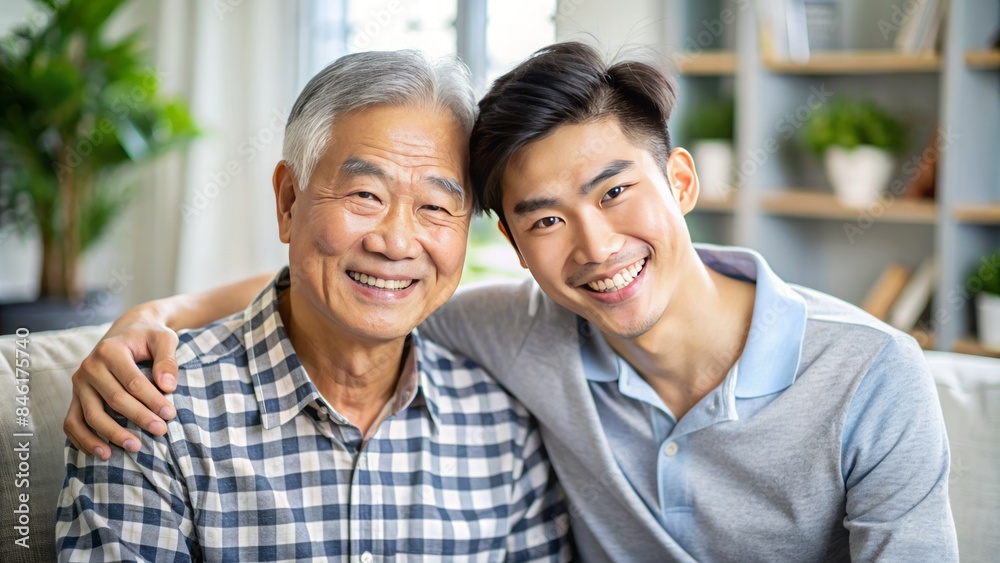 A Heartwarming Portrait Of A Joyful Asian Senior Father And His Young Adult Son Bonding At Home, Sharing Smiles And Laughter During Quality Time Together. A Heartwarming Portrait Of A Joyful Asian Senior Father And His Young Adult Son Bonding At Home, Sharing Smiles And Laughter During Quality Time Together.