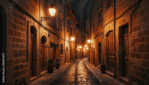 Cobblestone Street in a Historic Town at Night