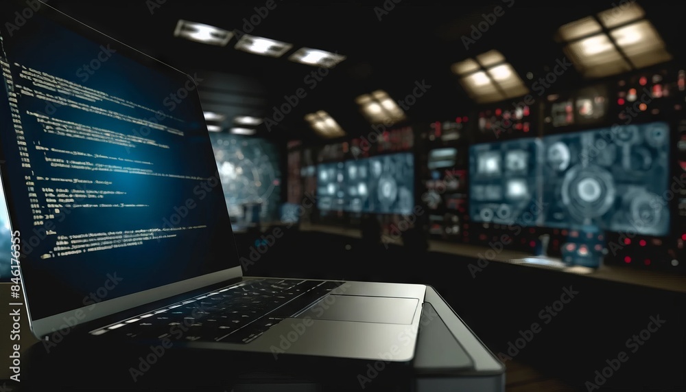 Laptop with Code in a Futuristic Control Room Laptop with Code in a Futuristic Control Room