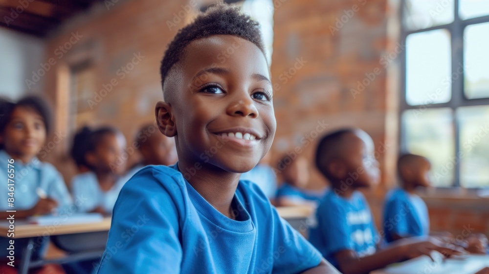 A young boy is smiling in a classroom with other children. The boy is wearing a blue shirt and is sitting at a desk. education and world literacy day concept A young boy is smiling in a classroom with other children. The boy is wearing a blue shirt and is sitting at a desk. education and world literacy day concept