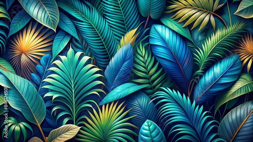 Generative Ai Art: Vivid Blue And Emerald Green Watercolour Abstract Background With Modern Botanical Design Featuring Palm Leaves.