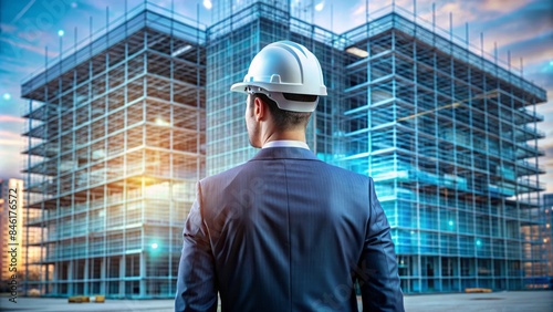 A Professional Manager Engineer, Viewed From Behind, Stands Before A Wireframe Hologram Of A Construction Building, Symbolizing Their Expertise In Civil Engineering. © Wanlop