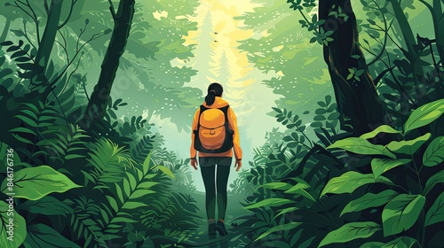 Solo Hiker in Lush Green Forest