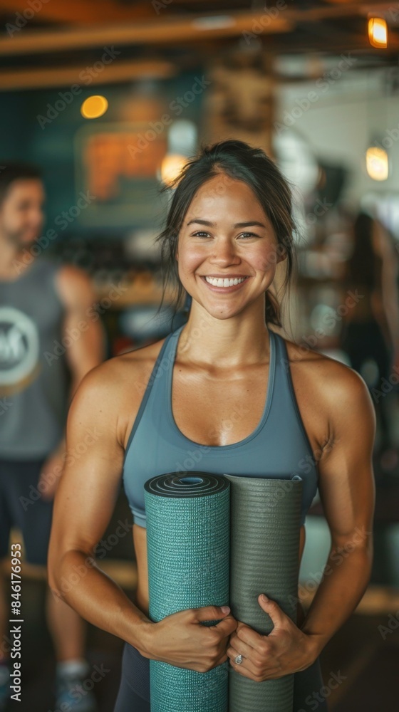 A young woman at a yoga studio is holding two yoga mats and smiling. AI. A young woman at a yoga studio is holding two yoga mats and smiling. AI.