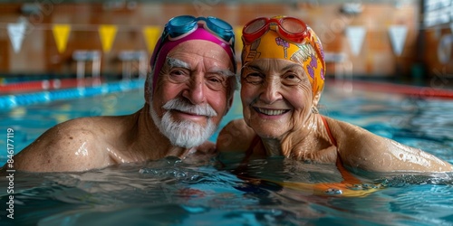 Elderly couple smiling in a swimming pool. AI. © Natalia