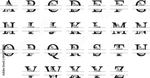 SVG Split Floral Monogram, A-Z Alphabet 26 Letters, Sign Monogram Name