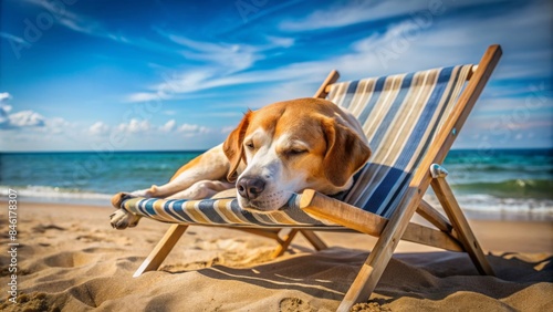 A Golden Retriever, Sprawled Contentedly On A Beach Chair, Basking In The Sun, Dreams Of Chasing Waves And Salty Breezes.