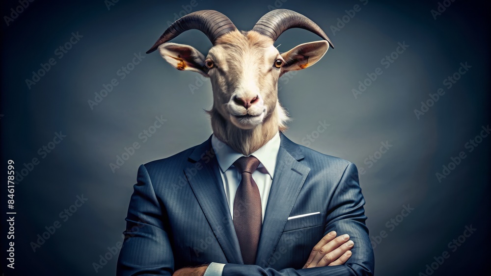 Naklejka premium A Goat, In Human Form, Clad In A Sharp Businessman'S Suit, Exudes Unexpected Fashion With His Ram-Like Horns, A Testament To Unconventional Style.