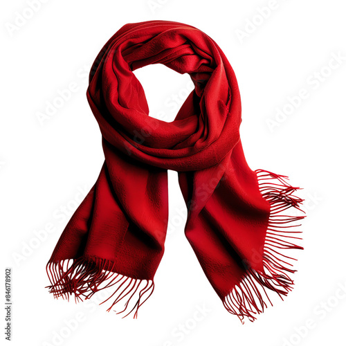 Vibrant red scarf with fringe detailing, perfect for adding a pop of color and warmth to any winter outfit. Ideal fashion accessory.