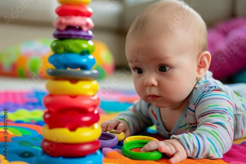 Baby Stacking Colorful Rings on a Rainbow Mat During Daytime Play