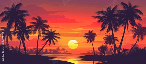 Palm trees silhouetted against a stunning sunset on a tropical beach  perfect for a relaxing holiday getaway.