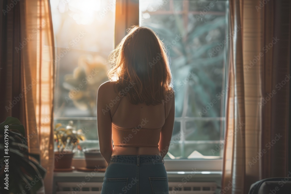 Back view woman in backlight standing at the window Back view woman in backlight standing at the window