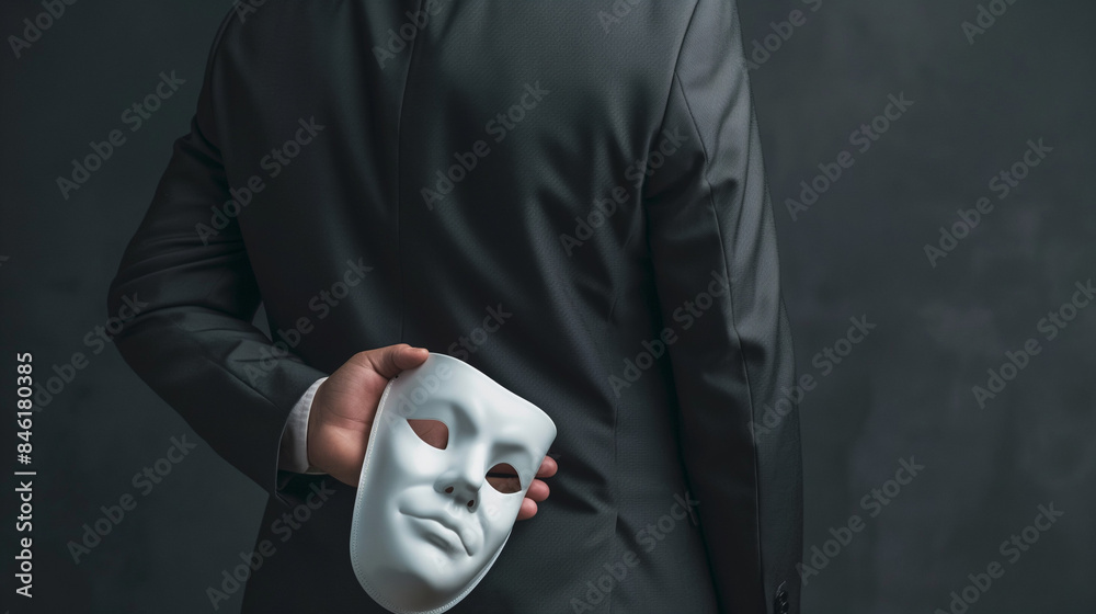 Fototapeta premium Businessman in suit holding white mask behind his back, symbolizing deception and hypocrisy in corporate environments. Concept of dishonesty and two-faced behavior in business