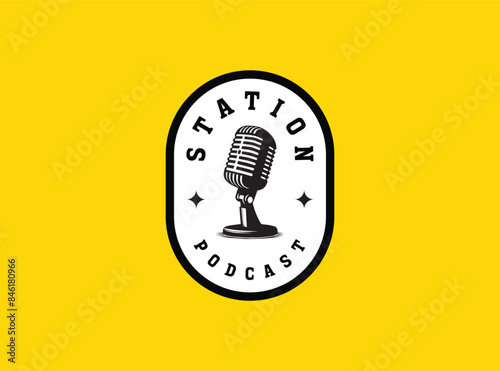 Karaoke music club, bar, audio record studio, festival, stand up, vector logo with retro old microphone. Vintage style logo.