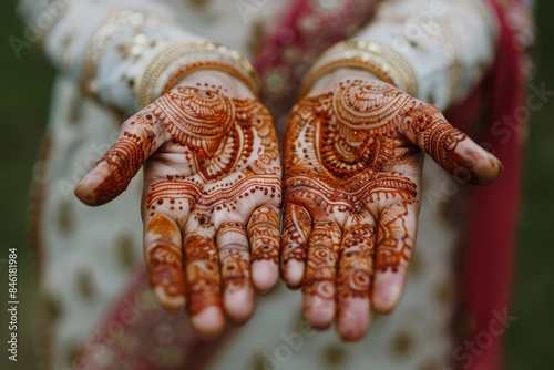 A close-up of henna-decorated hands, showcasing intricate designs for Eid