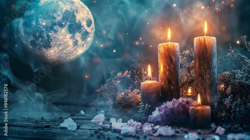 Lunar Magic Background Featuring Manifestation Rituals with Crystals and Candles, Enchanting and Mystical Atmosphere