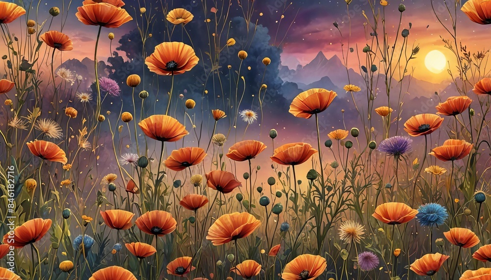 An illustration of a beautiful field of poppies. An illustration of a beautiful field of poppies.