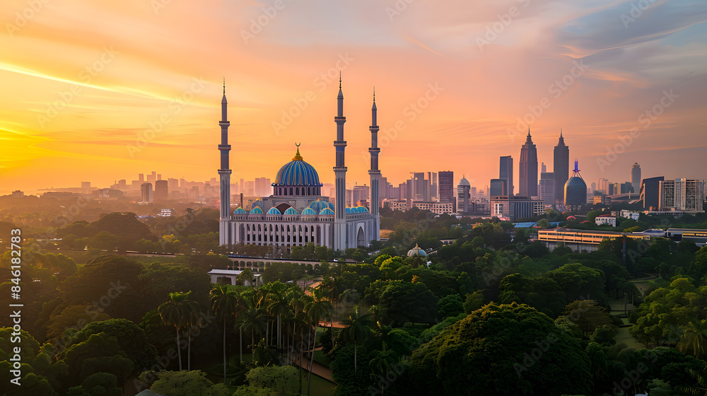 Naklejka premium Aerial view of a city with a large building and clock tower. Perfect for urban landscape posters or travel brochures.