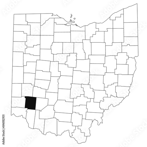 Map of Warren County in Ohio state on white background. single County map highlighted by black colour on Ohio map. UNITED STATES, US photo