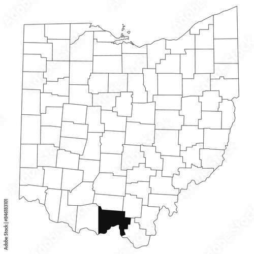 Map of scioto County in Ohio state on white background. single County map highlighted by black colour on Ohio map. UNITED STATES, US photo