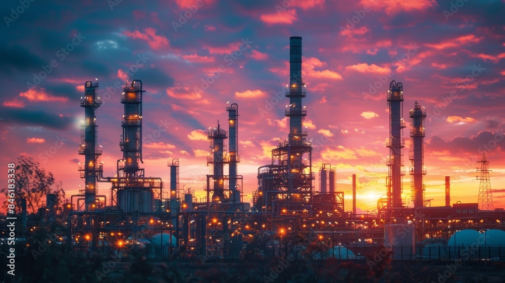 Industrial Beauty: Oil and Gas Refinery Plant at Sunset with Stunning Sky Backdrop