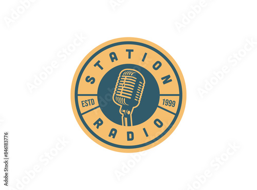 Karaoke music club, audio record studio, stand up, vector logo with retro old microphone. Vintage style logo.