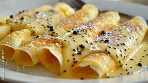 A plate of passion fruit crepes each one filled with a creamy custard filling. photo