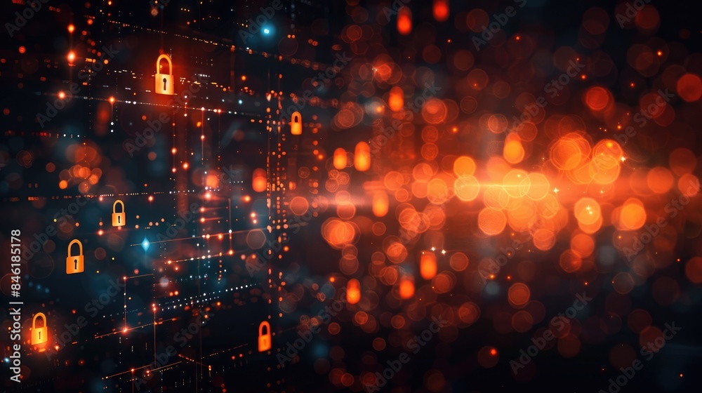 Subdued twinkling lights creating a bokeh backdrop with subtle hints of encrypted data and security icons, illustrating personal information privacy and data protection Subdued twinkling lights creating a bokeh backdrop with subtle hints of encrypted data and security icons, illustrating personal information privacy and data protection