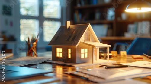 small house model on table in office with real estate documents, blurred background, volumetric lighting, high resolution photography