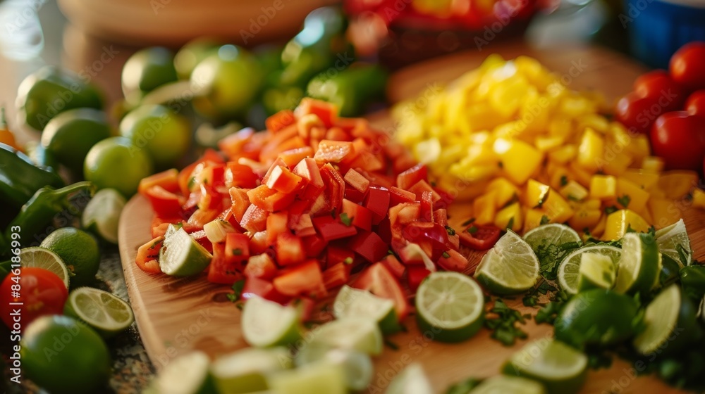 Vibrantly colored bell peppers are being neatly diced alongside tart limes. Vibrantly colored bell peppers are being neatly diced alongside tart limes.