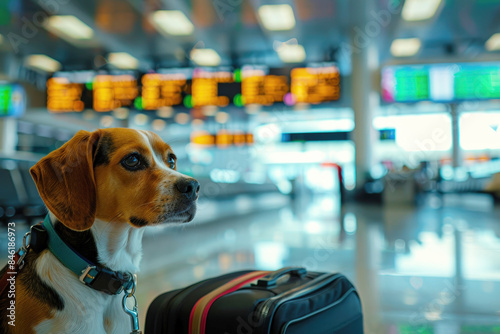 a beagle with a baggage in the airport. Meat food security concept. photo