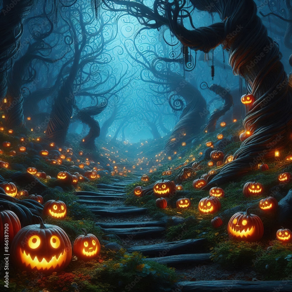 A dark, misty forest with eerie, twisted trees, a glowing pumpkin patch A dark, misty forest with eerie, twisted trees, a glowing pumpkin patch
