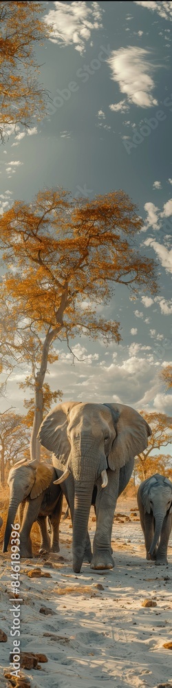 Fototapeta premium A family of elephants walking together in the savannah. 