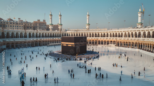 Arabian Mecca A location where Muslims travel to for the Hajj and Umrah. Mecca's Kaaba. The Kaaba is circumambulated by Muslims.