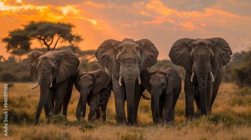 A family of elephants walking together in the savannah. 