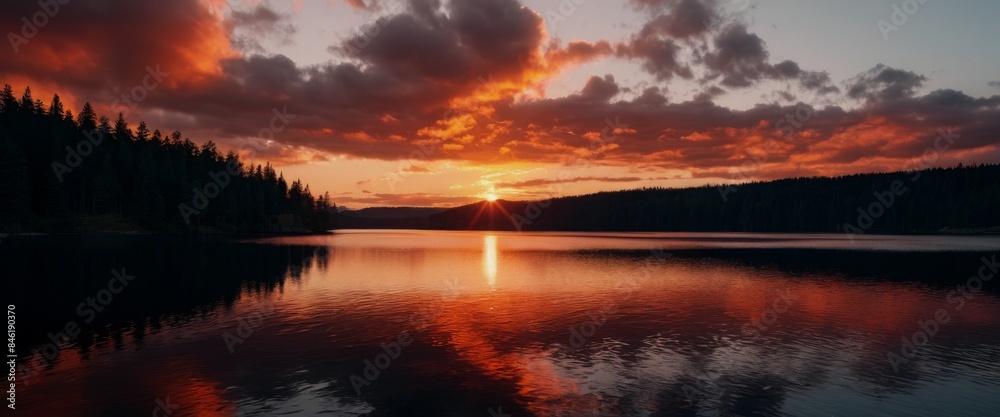 Fototapeta premium Hyperrealistic illustration fiery red and orange sunset