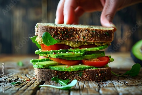 sandwich with avocado and hummus on wooden table photo