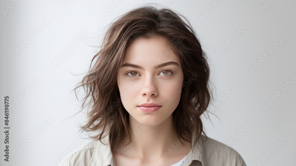 Close-up portrait of yong woman casual on white background Close-up portrait of yong woman casual on white background