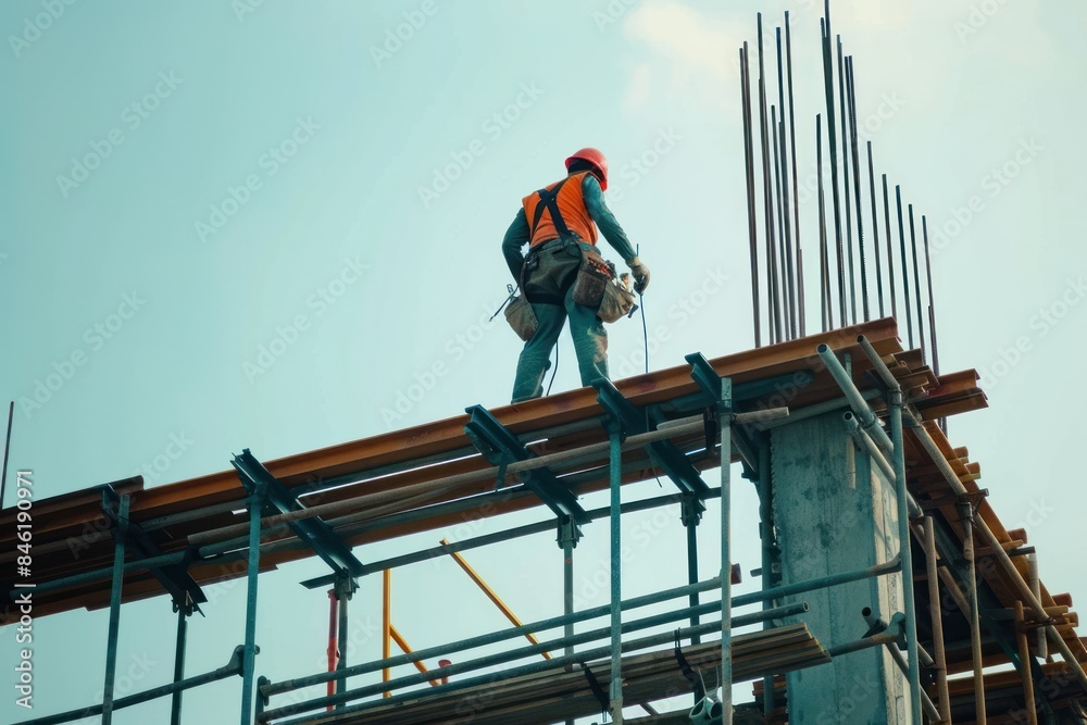 Fototapeta premium Construction worker working on top roof.