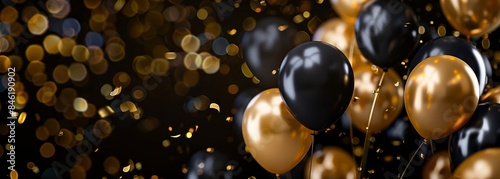 Gold and black birthday balloons. Celebration background